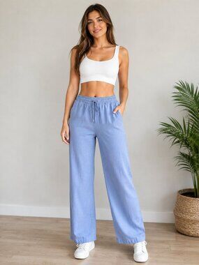 New Light Blue Linen Cotton Drawstring Wide Leg Pants Relaxed Fit Size M